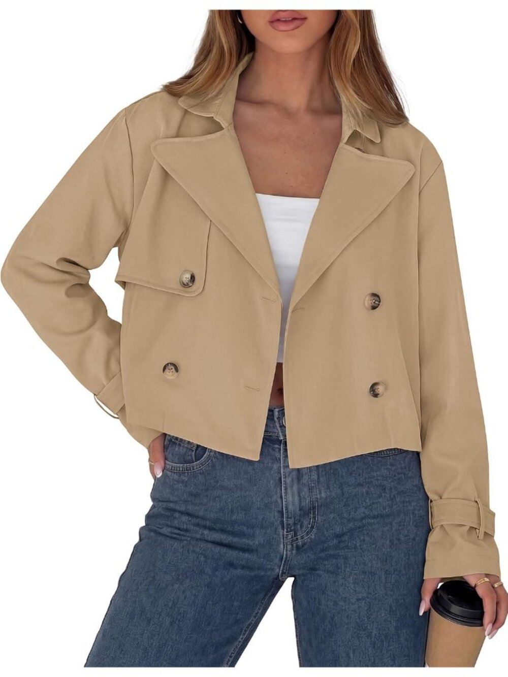 Women’s Khaki Long Sleeve Double Breasted Office Casual Cropped Short Jacket